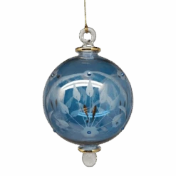 Etched Blown Glass Ball With Crystal Accents - Blue