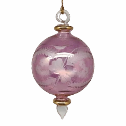 Etched Blown Glass Ball Ornament - Pink