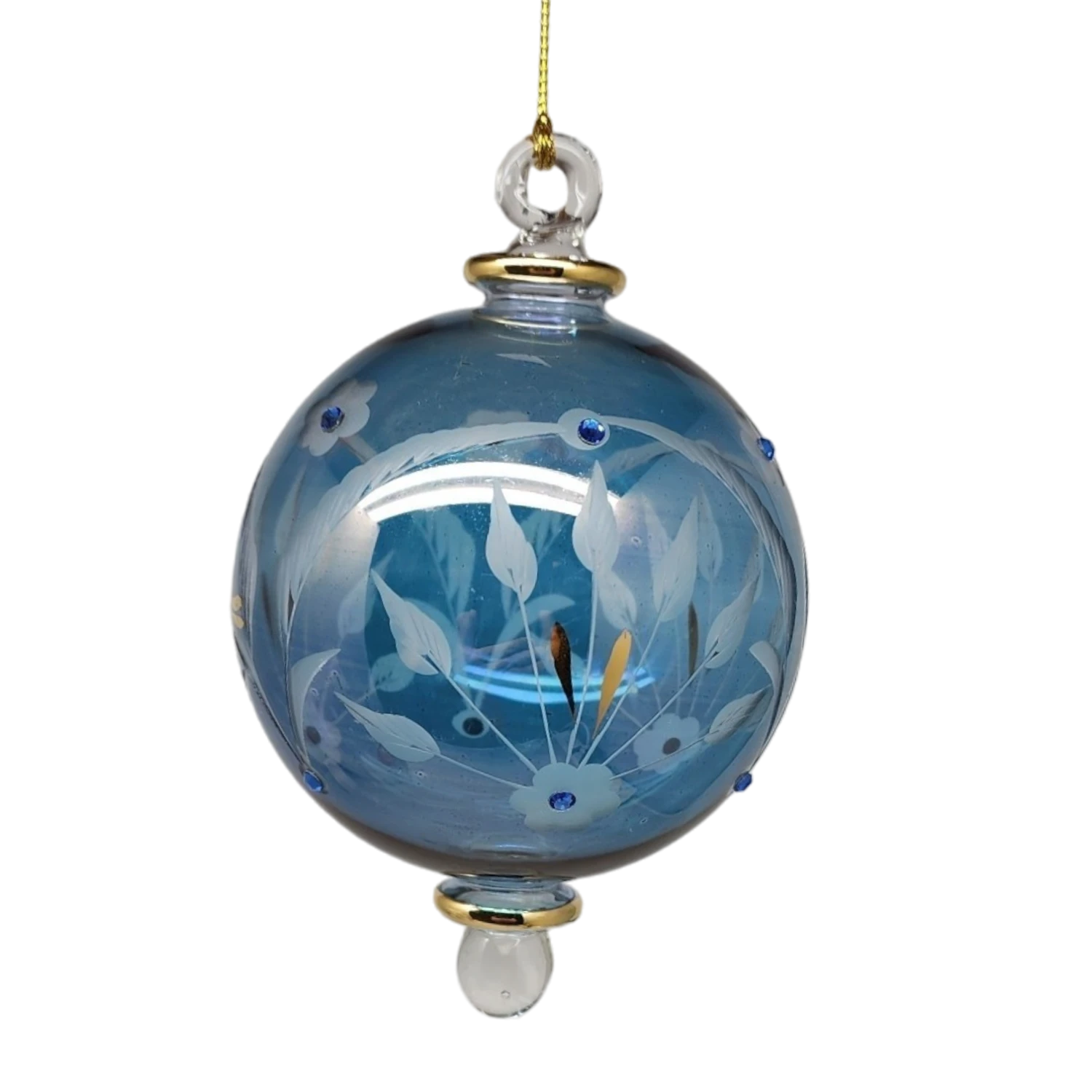 Etched Blown Glass Ball With Crystal Accents - Blue 4 Etched Blown Glass Ball With Crystal Accents - Blue - Image 2