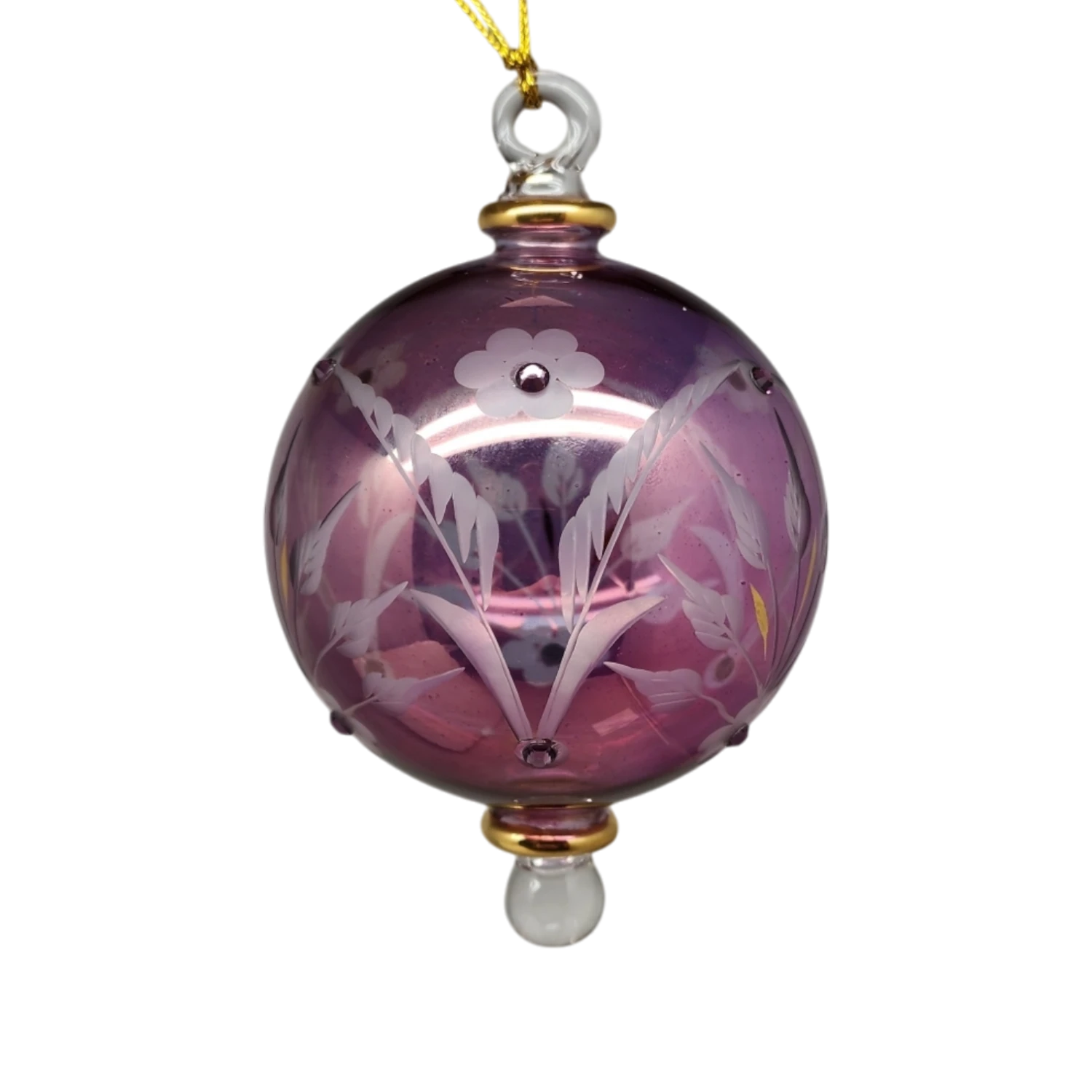 Etched Blown Glass Ball With Crystal Accents - Purple 3 Etched Blown Glass Ball With Crystal Accents - Purple