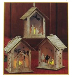 Flicker Lighting Nativity House Ornament Set