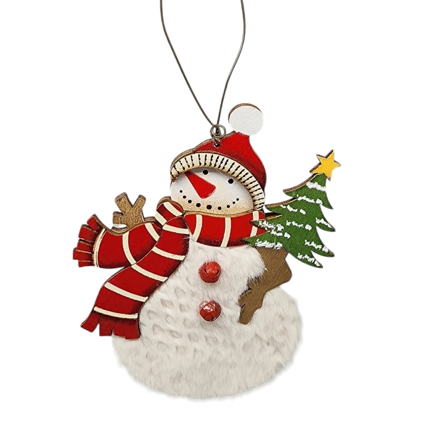 Wood And Fur Snowman Ornament - Holding A Tree 3 Wood And Fur Snowman Ornament - Holding A Tree