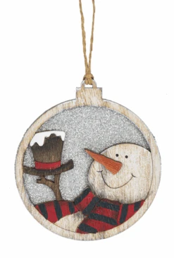 Wooden Circle Glittered Ornament - Snowman With His Hat