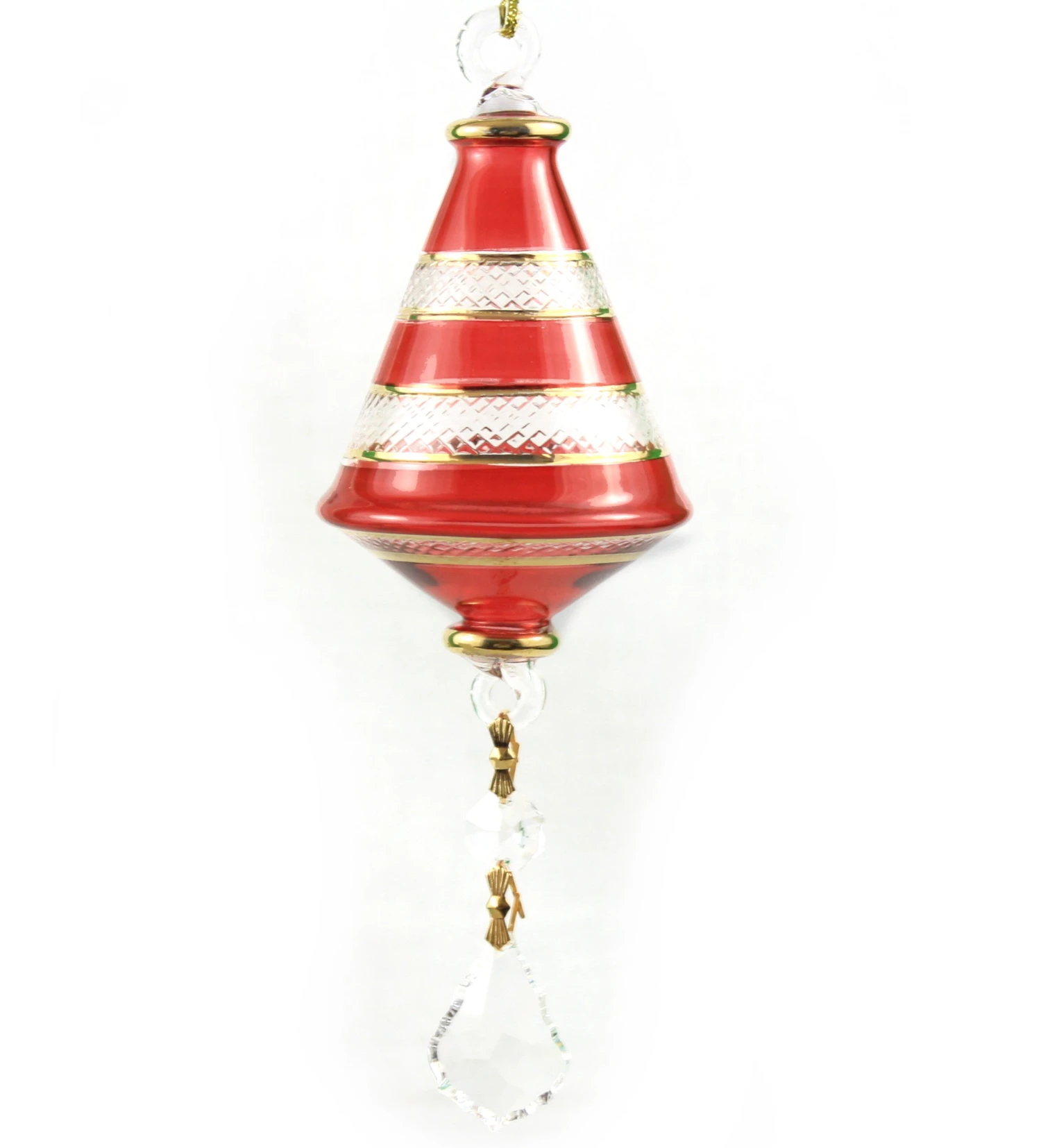 Small Glass Cone With Asfour Crystals And Gold Bands - Deep Red 3 Small Glass Cone With Asfour Crystals And Gold Bands - Deep Red