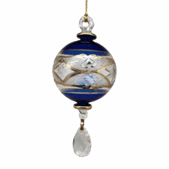Etched Blown Glass Ball With Crystal Dangle - Blue