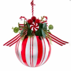 Kurt Adler Peppermint Glass Ball With Candy And Greenery Ornament - -Country Christmas Loft maid0svxdynokoumfcrp