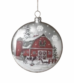 Glass Holiday Barn Disk Ornament - Cows