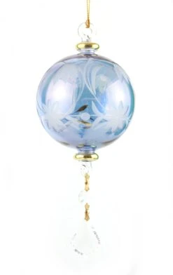 Gold Etched Glass Globe With Dangles - Blue