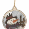 Wooden Circle Glittered Ornament - Snowman At The Fence