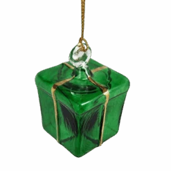 Blown Glass Present Ornament - Green
