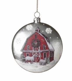 Glass Holiday Barn Disk Ornament - Sheep