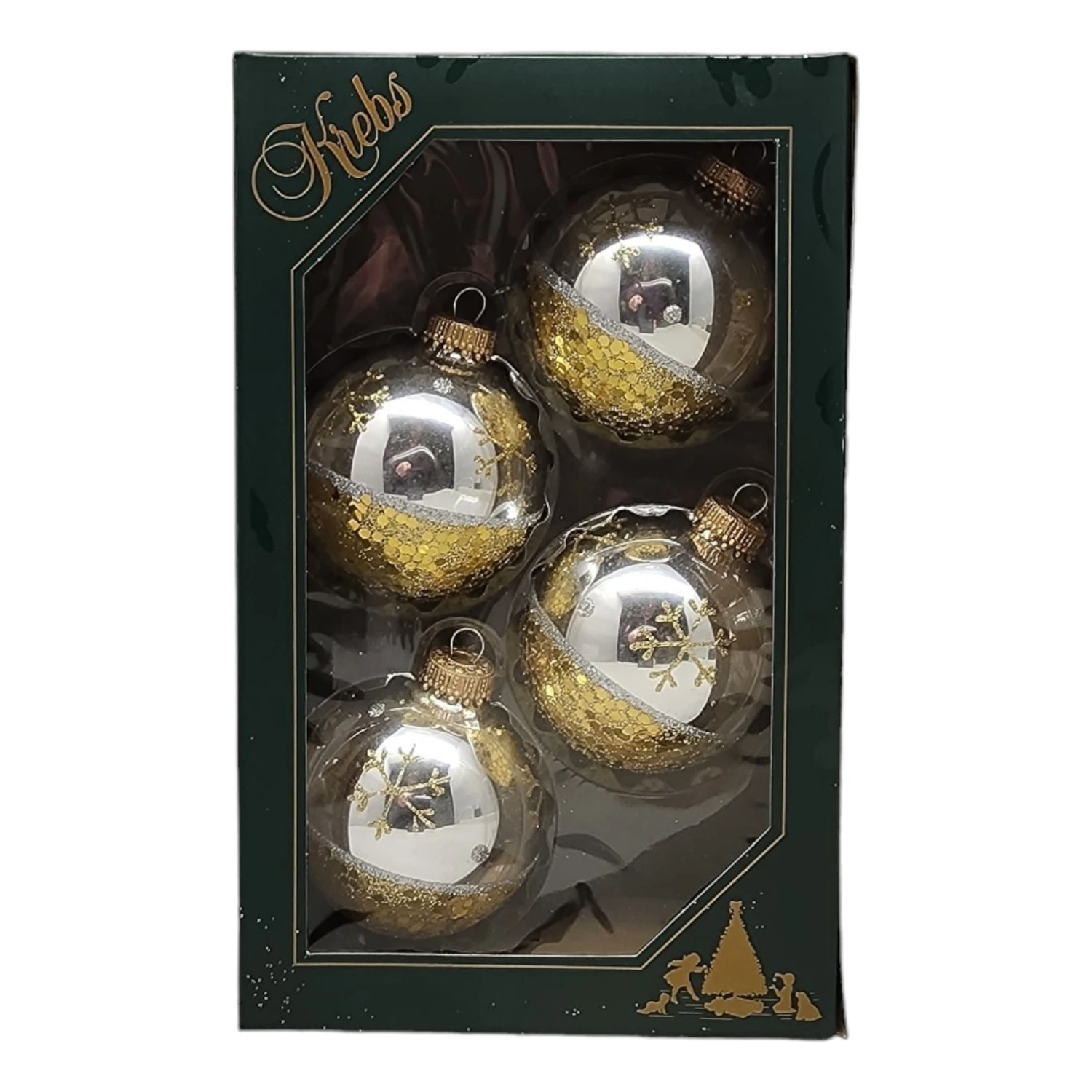Krebs Value Glass Ball 4 Pack - Gold Sequin Snowflake On Silver 3 Krebs Value Glass Ball 4 Pack - Gold Sequin Snowflake On Silver