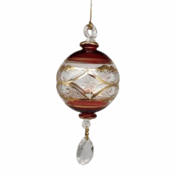 Etched Blown Glass Ball With Crystal Dangle - Red