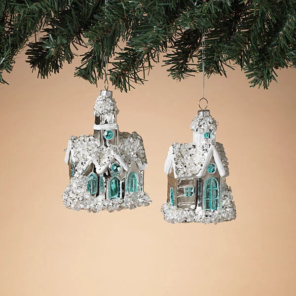 Glass Snowy Church Ornament - 3 Glass Snowy Church Ornament -