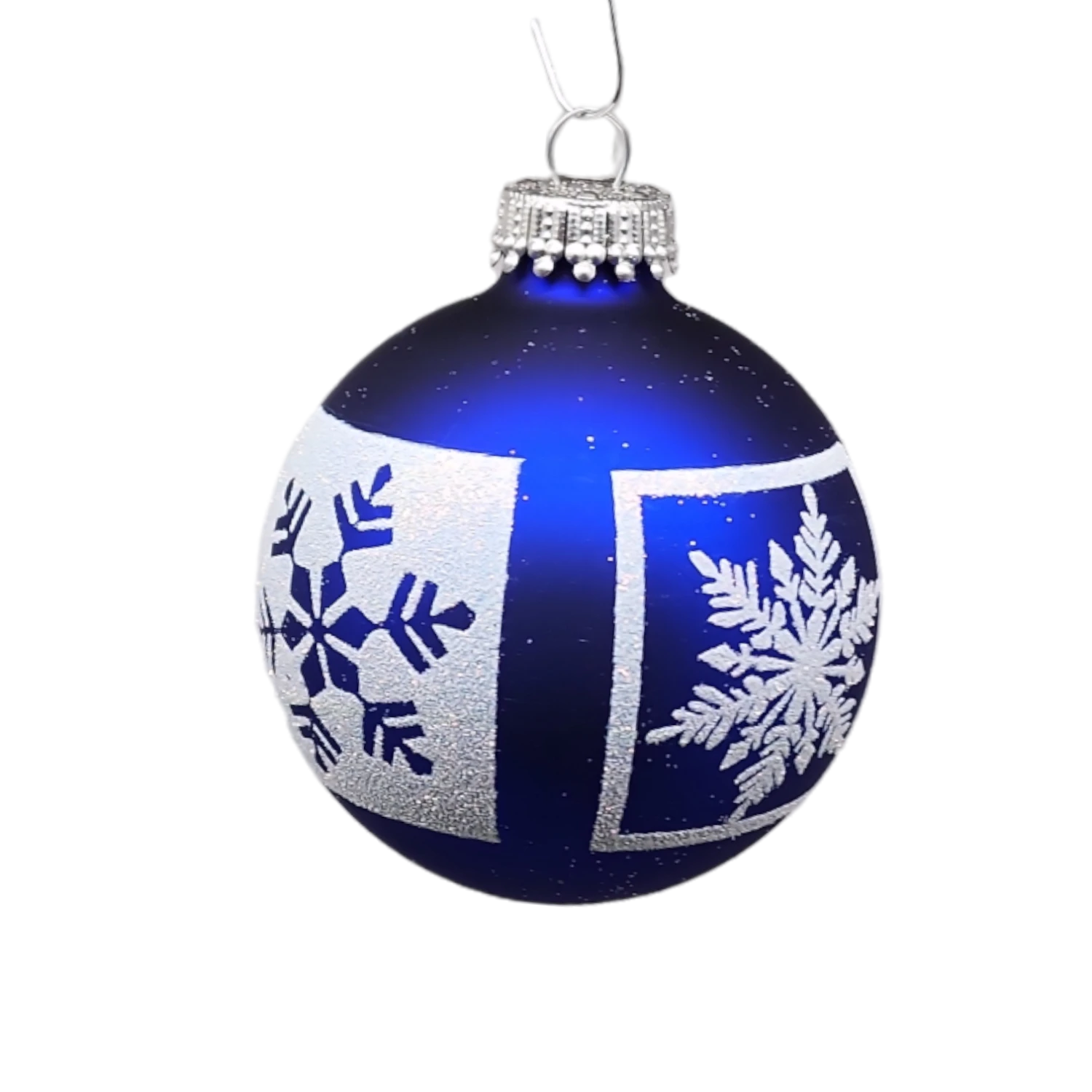 Krebs Value Glass Ball 4 Pack - White Glitter Snowflakes On Deep Blue 4 Krebs Value Glass Ball 4 Pack - White Glitter Snowflakes On Deep Blue - Image 2