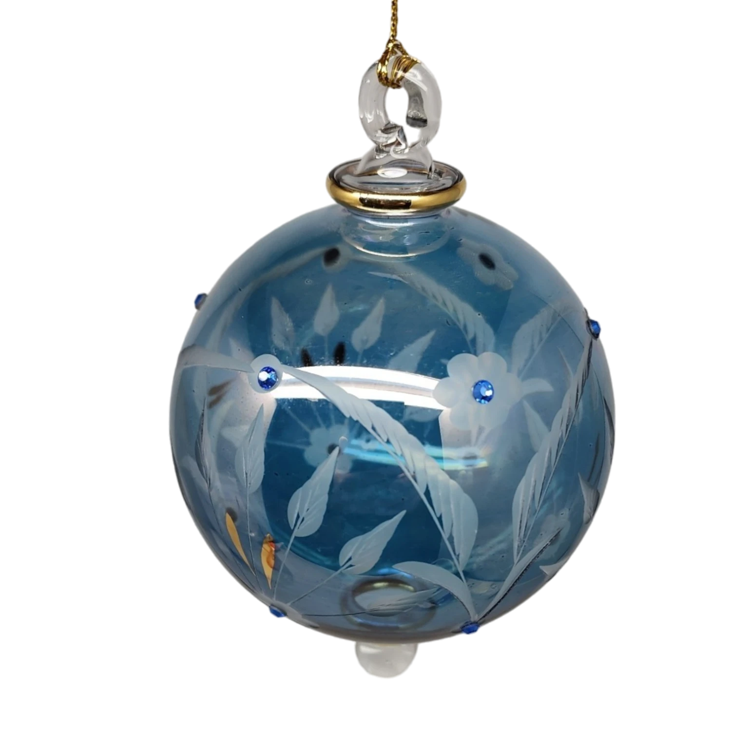 Etched Blown Glass Ball With Crystal Accents - Blue 5 Etched Blown Glass Ball With Crystal Accents - Blue - Image 3
