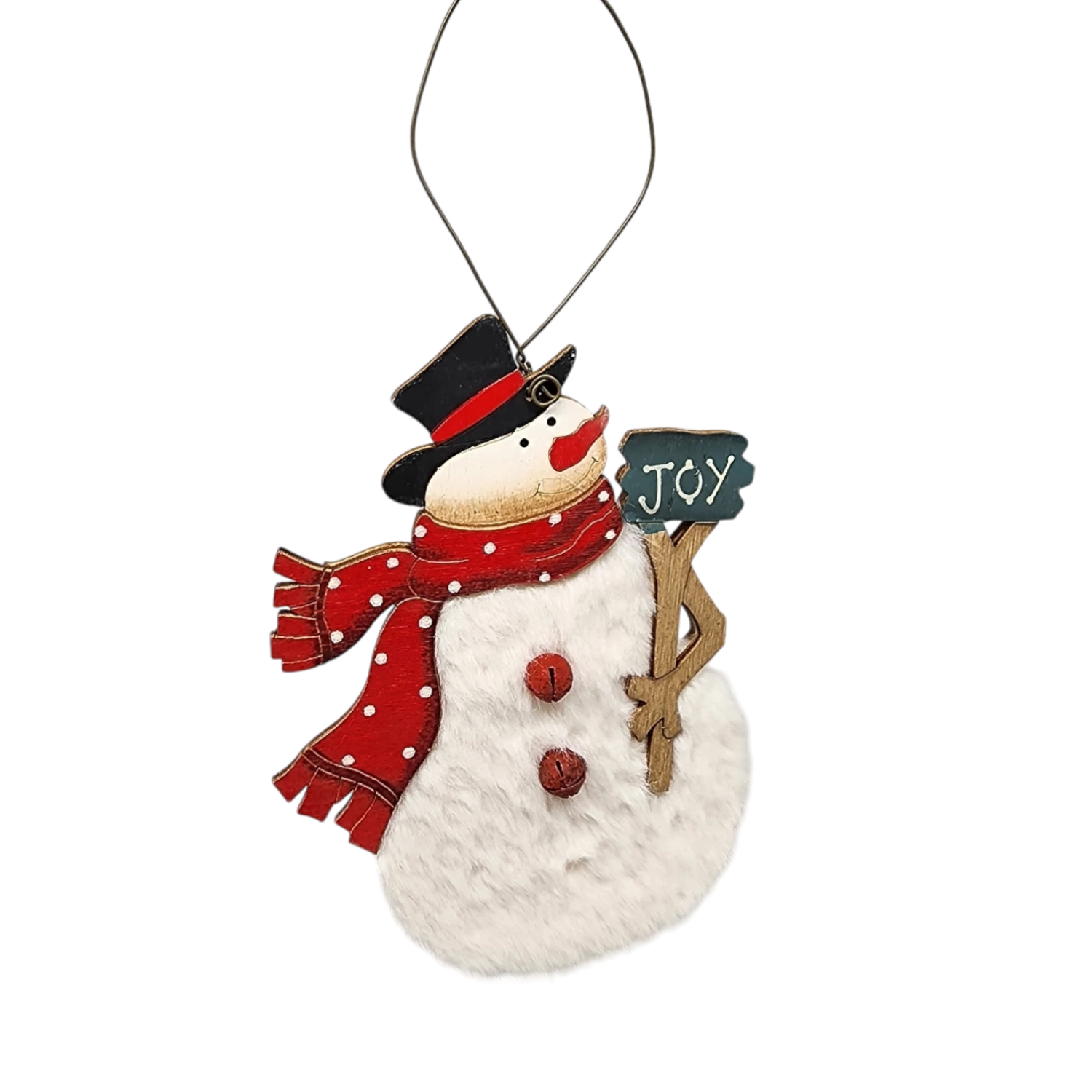 Wood And Fur Snowman Ornament - Joy Sign 3 Wood And Fur Snowman Ornament - Joy Sign